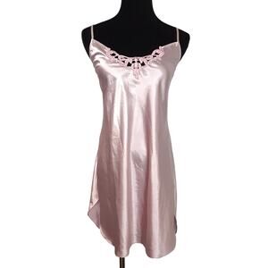 Vintage Lingerie Satin Slip Dress Nightgown Pink Lace Sleep Dress Coquette Sz L